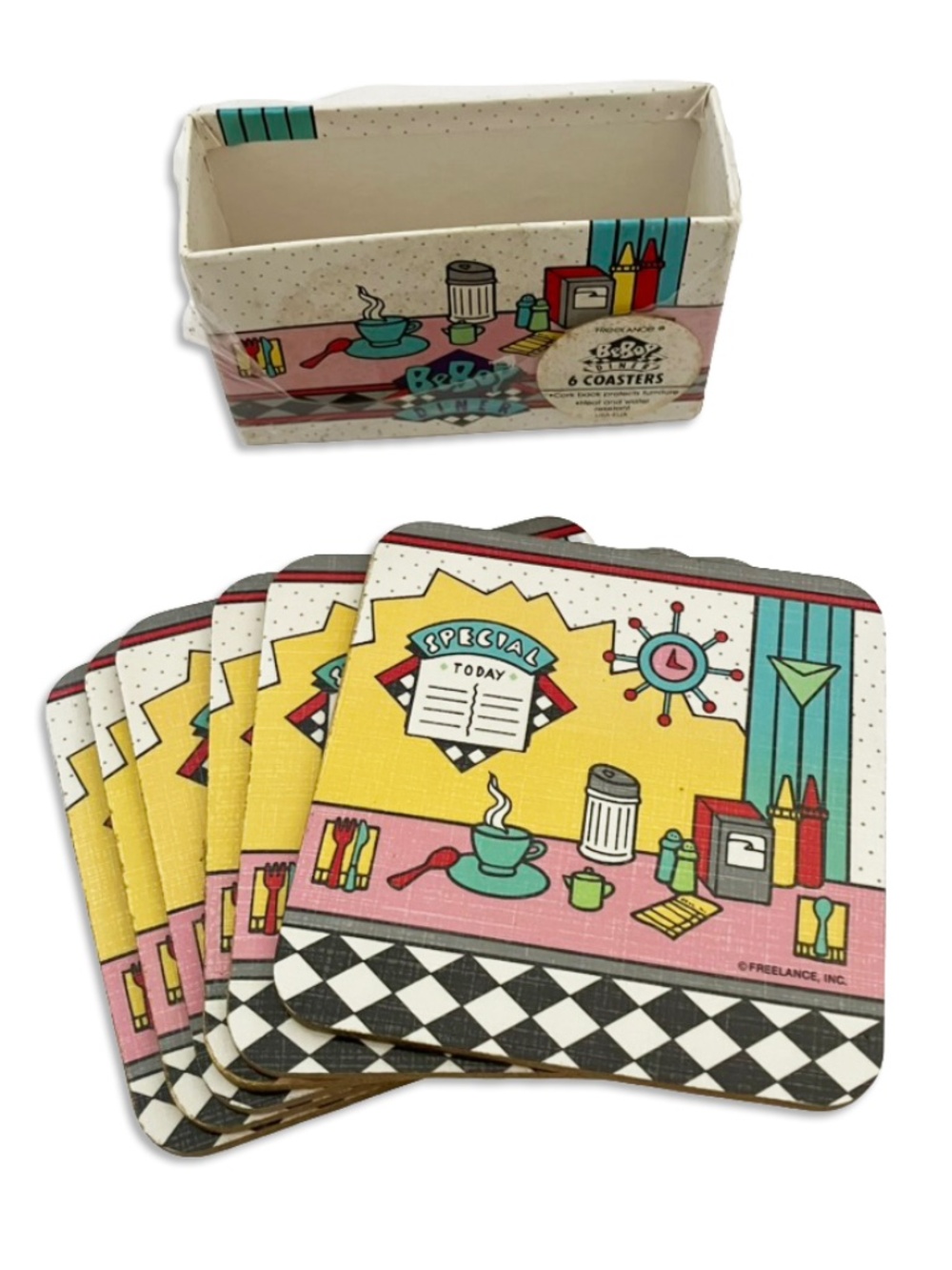 FREELANCE ® BeBop DINER 6 COASTERS, Cork back protects furniture 80's